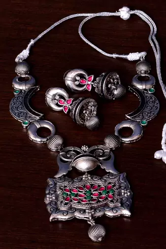 Tribal Bloom Oxidized Silver Necklace Set