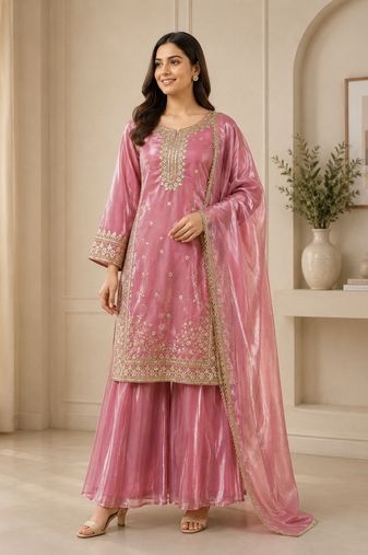 Pink pure gmy silk embroidered palazzo suit set