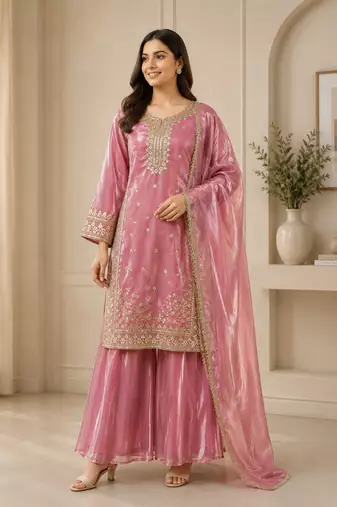 Pink pure gmy silk embroidered palazzo suit set