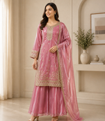 Pink colour pure gmy silk embroidered palazzo suit set