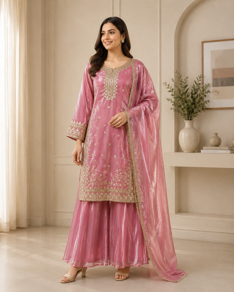 Pink colour pure gmy silk embroidered palazzo suit set