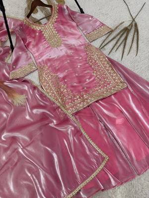 Pink pure gmy silk embroidered palazzo suit set 2