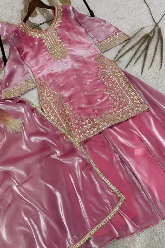 Pink pure gmy silk embroidered palazzo suit set