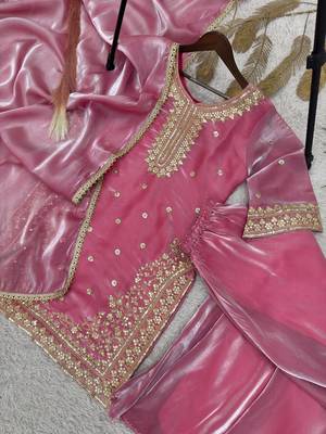 Pink pure gmy silk embroidered palazzo suit set 3