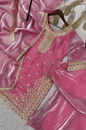 Pink pure gmy silk embroidered palazzo suit set