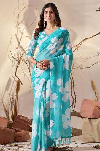 Aqua blue colour floral printed soft georgette saree with blouse