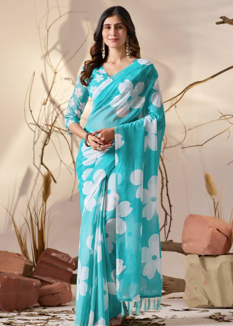 Aqua blue colour floral printed soft georgette saree with blouse