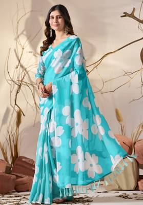 Aqua blue colour floral printed soft georgette saree with blouse 2