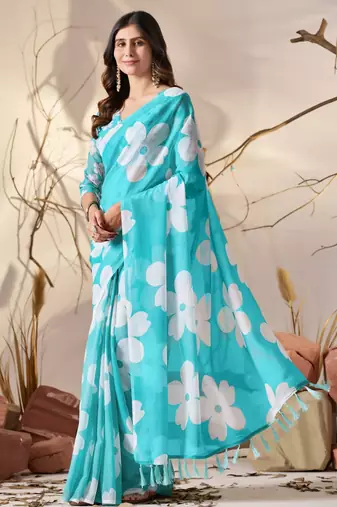 Aqua blue colour floral printed soft georgette saree with blouse