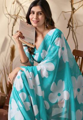Aqua blue colour floral printed soft georgette saree with blouse 4