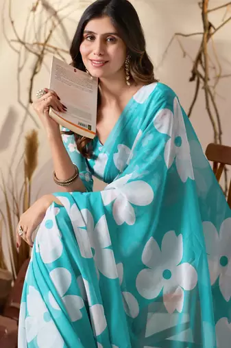Aqua blue colour floral printed soft georgette saree with blouse