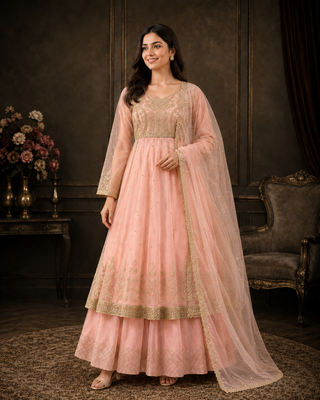 PINK COLOUR Faux Georgette Gown Lehenga Set 1