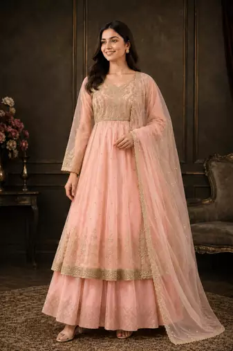 PINK COLOUR Faux Georgette Gown Lehenga Set