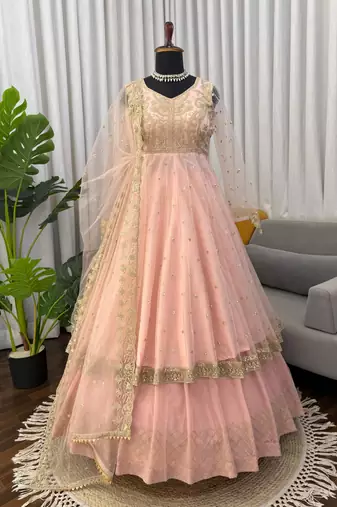 PINK COLOUR Faux Georgette Gown Lehenga Set