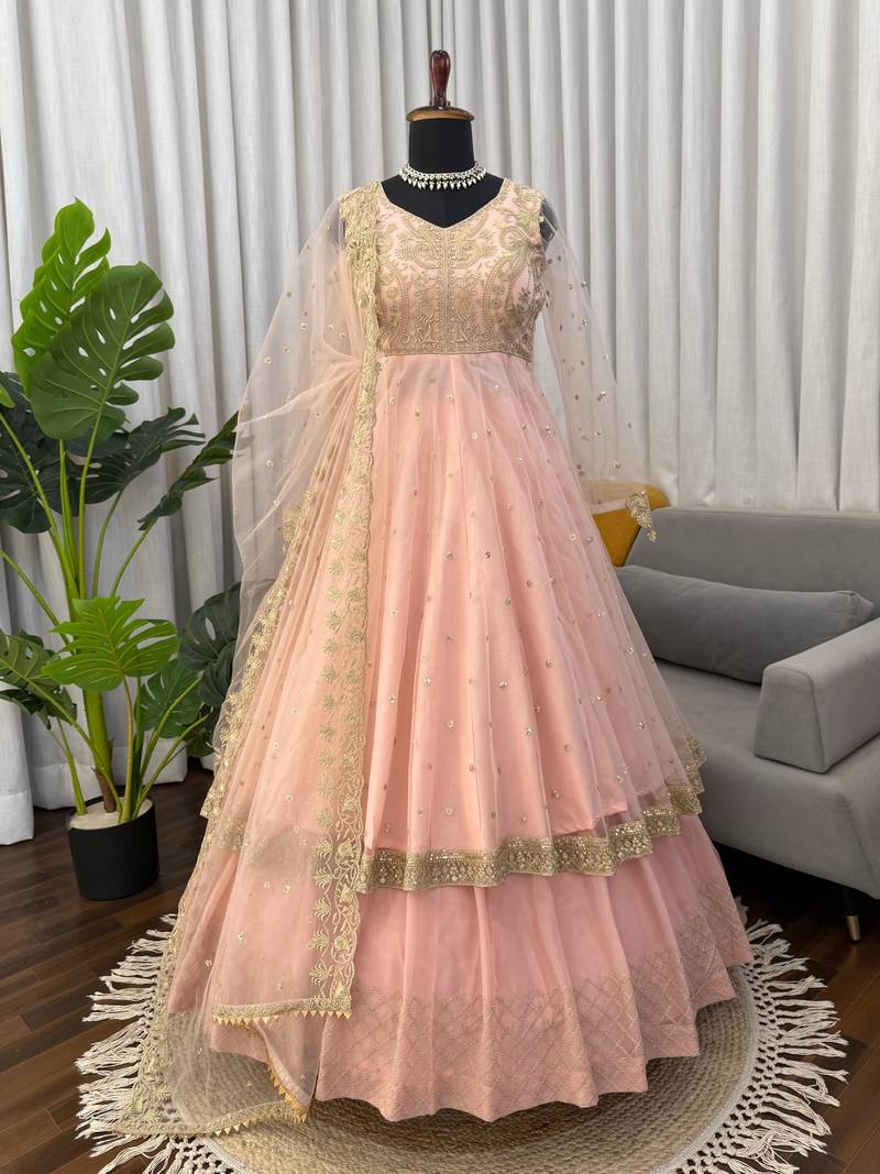 PINK COLOUR Faux Georgette Gown Lehenga Set