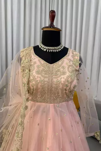 PINK COLOUR Faux Georgette Gown Lehenga Set