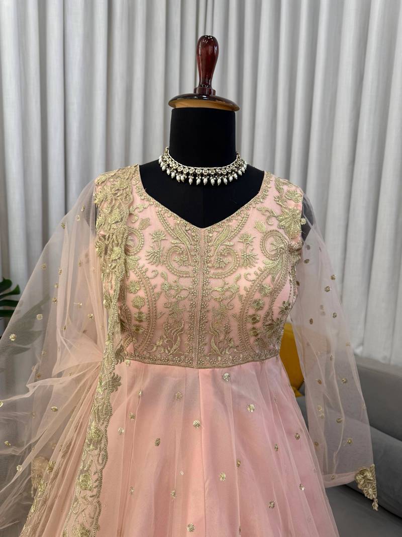 PINK COLOUR Faux Georgette Gown Lehenga Set