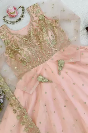 PINK COLOUR Faux Georgette Gown Lehenga Set