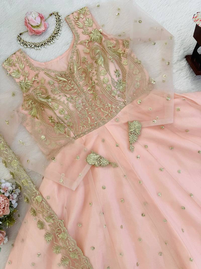 PINK COLOUR Faux Georgette Gown Lehenga Set