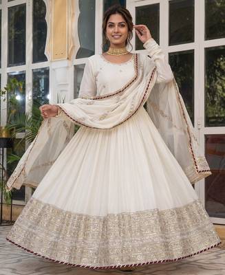 Cream embroidered chinon silk gown set with dupatta 1