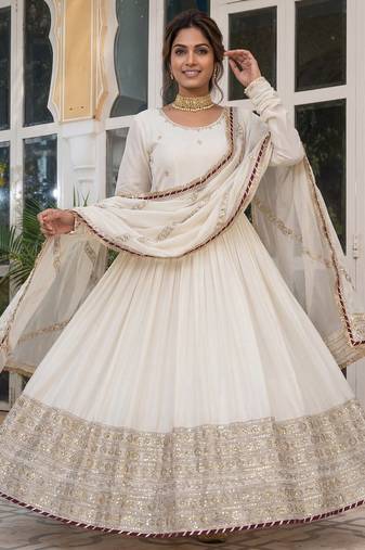 Cream embroidered chinon silk gown set with dupatta