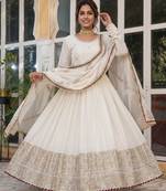 Cream colour embroidered chinon silk gown set with dupatta