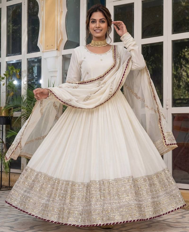 Cream colour embroidered chinon silk gown set with dupatta