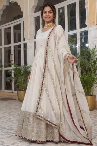Cream embroidered chinon silk gown set with dupatta