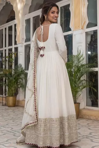 Cream embroidered chinon silk gown set with dupatta