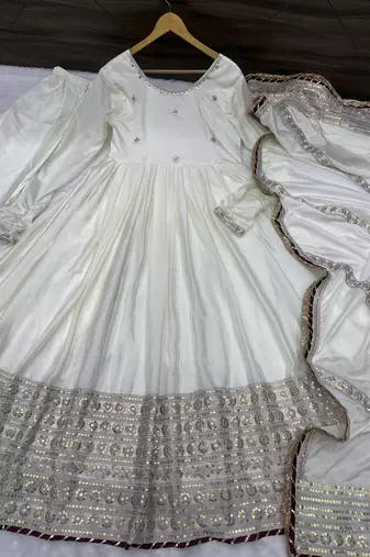 Cream embroidered chinon silk gown set with dupatta