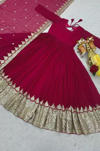 Rani pink heavy embroidered fox georgette gown with dupatta