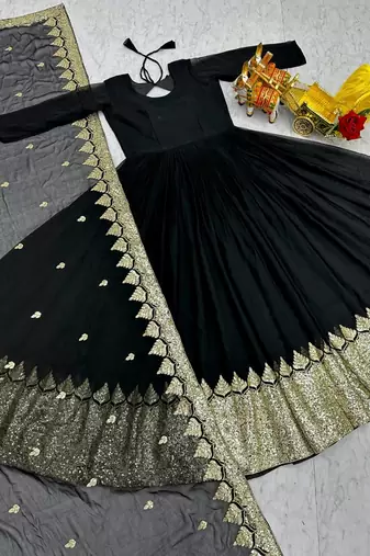 Black heavy embroidered fox georgette gown with dupatta