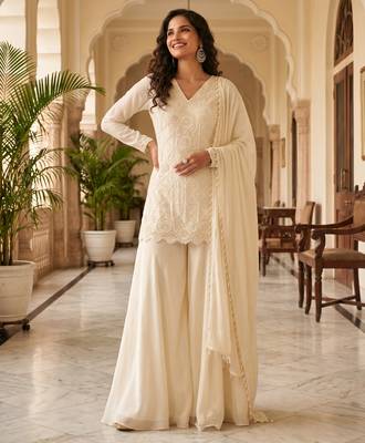 Cream premium chinon beads work suit set with dupatta 1