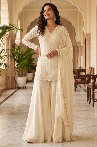 Cream premium chinon beads work suit set with dupatta