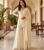 Cream premium chinon beads work suit set with dupatta