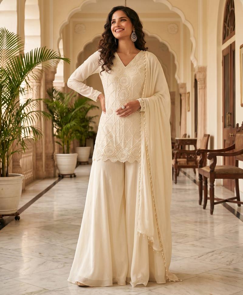 Cream premium chinon beads work suit set with dupatta