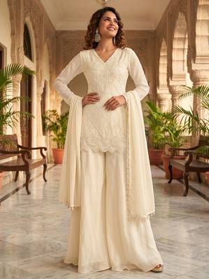 Cream premium chinon beads work suit set with dupatta 2