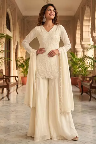 Cream premium chinon beads work suit set with dupatta
