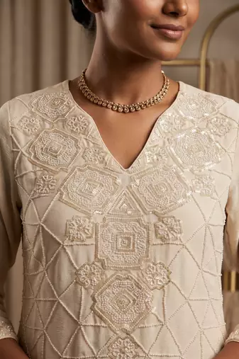 Cream premium chinon beads work suit set with dupatta