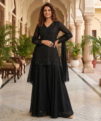 Black premium chinon beads work suit set with dupatta 1