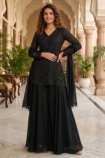 Black premium chinon beads work suit set with dupatta