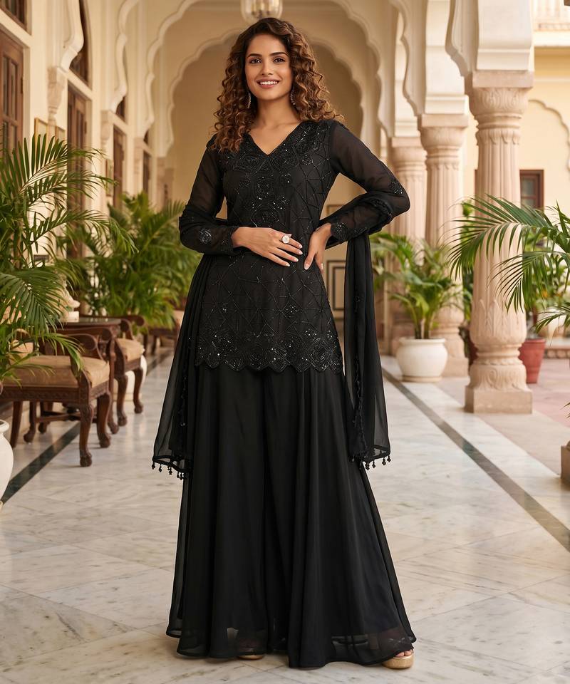 Black premium chinon beads work suit set with dupatta