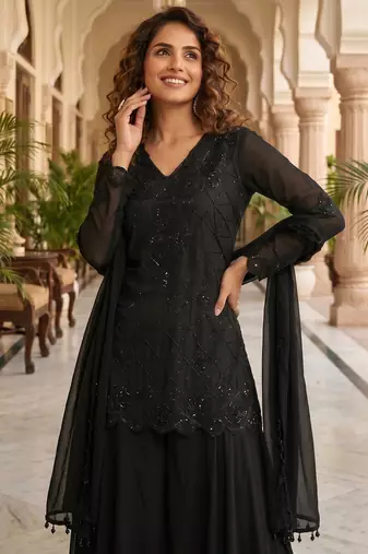 Black premium chinon beads work suit set with dupatta