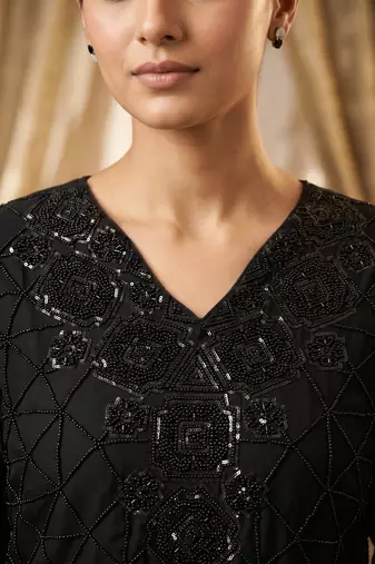 Black premium chinon beads work suit set with dupatta