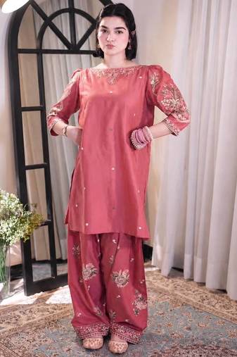 Coral roman silk embroidered kurti with farshi palazzo set