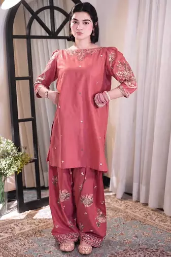 Coral roman silk embroidered kurti with farshi palazzo set