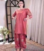 Coral roman silk embroidered kurti with farshi palazzo set