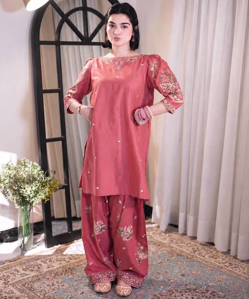 Coral roman silk embroidered kurti with farshi palazzo set