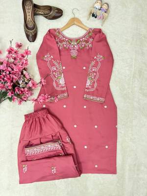 Coral roman silk embroidered kurti with farshi palazzo set 2