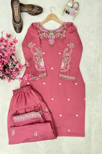 Coral roman silk embroidered kurti with farshi palazzo set